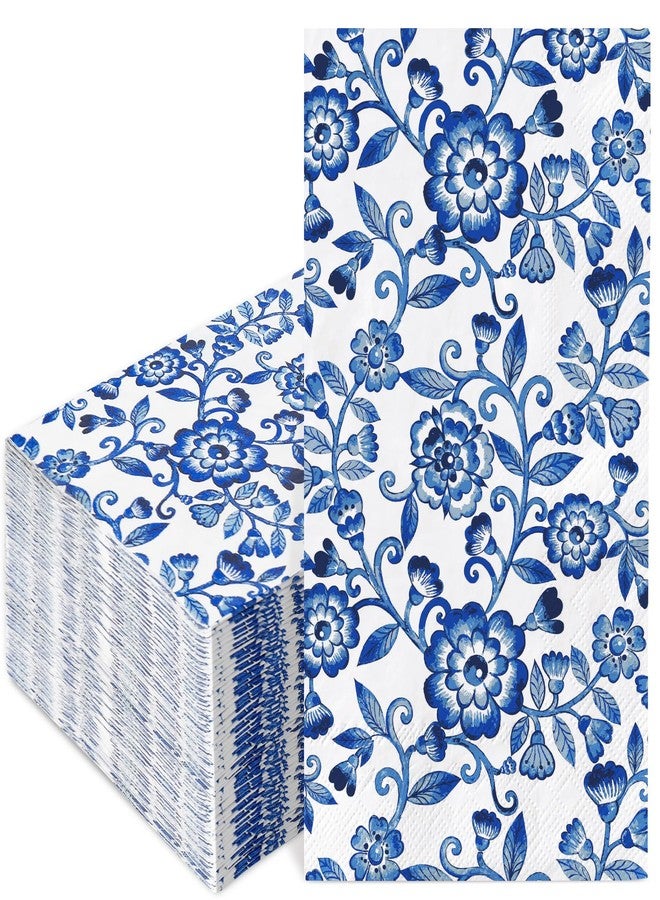 JarThenaAMCS مناديل ضيوف JarThenaAMCS، 120 قطعة، باللونين الأزرق والأبيض بنقوش زهور، بتصميم كلاسيكي، للاستخدام مرة واحدة، بنمط صيني، مناسبة للعشاء، مناشف ورقية، مثالية للحمام، حفلات الزفاف، أعياد الميلاد، وتزيين الطاولات. - Image 1